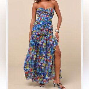 Lulus Jeniah Blue Multi Abstract Print Drop Waist Maxi Dress
